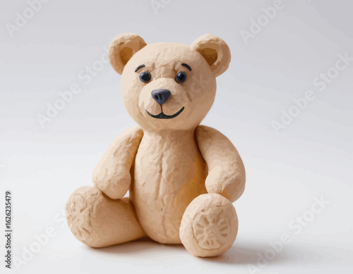 The bear is sitting in a classic pose with its limbs slightly spread and a gentle, friendly expression. Its body has a distinct, wrinkled or fibrous texture, giving it a handcrafted, slightly rustic 