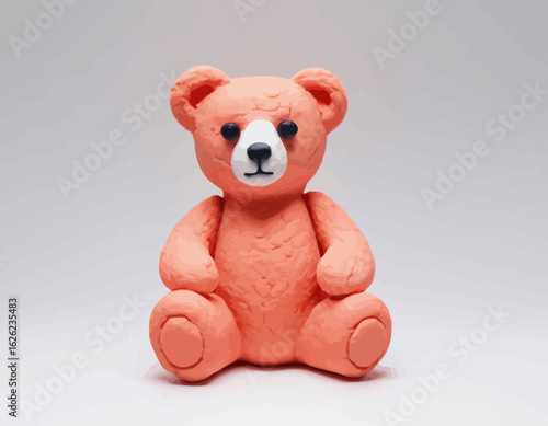 The bear is sitting in a classic pose with its limbs slightly spread and a gentle, friendly expression. Its body has a distinct, wrinkled or fibrous texture, giving it a handcrafted, slightly rustic 
