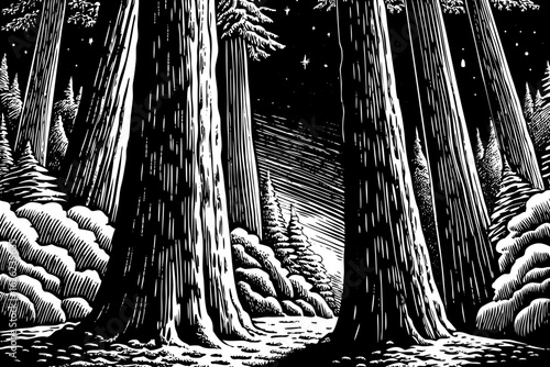 Dark night in Redwood Forest with giant trees and stars, black and white line art illustration