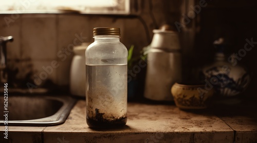 A glass jar filled with murky water sits on a cluttered kitchen countertop, surrounded by various kitchen utensils and containers.