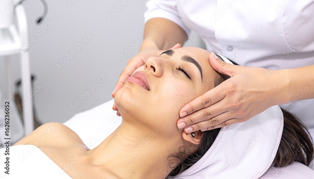 Obraz premium A serene woman relaxes as a skilled therapist gently massages her face at a tranquil spa, surrounded by soft lighting and calming decor.