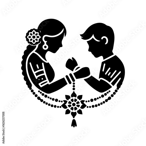 Vector silhouette SVG artwork of Raksha Bandhan with sister tying rakhi, gift exchange, pooja thali for Indian festive decoration use