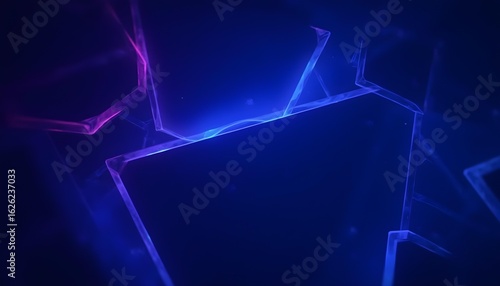 Geometric polygonal shapes with glowing edges, layered over a dark background, vibrant blue and purple neon lighting, tech abstract .