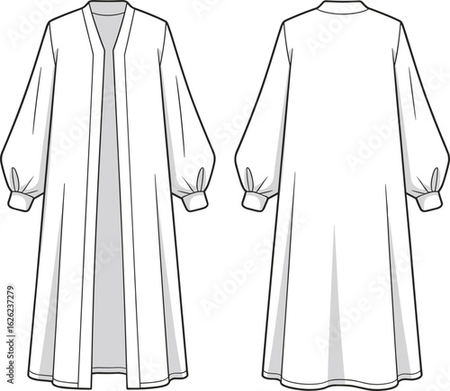 Elegant long sleeve coat design, open front outerwear, fashion illustration, stylish garment sketch, clothing template, trendy apparel, formal wear concept