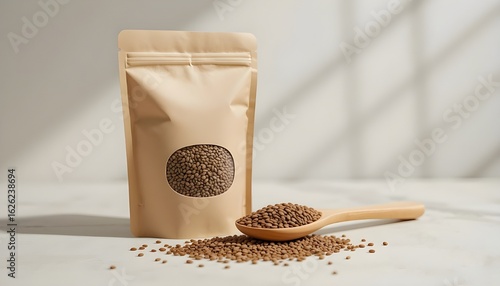 Natural kraft paper flaxseed packet with wooden spoon and scattered seeds