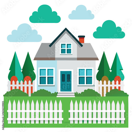 A classic, white picket fence surrounded suburban house with a lush lawn, a beautiful and traditional home.