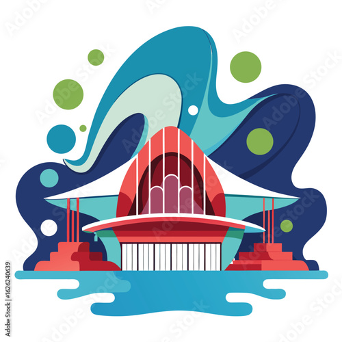 A contemporary concert hall with a fluid, organic facade and glass panels, a modern and unique architectural design.