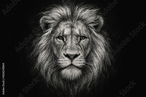 Striking graphite drawing of a majestic male lion's face with a full mane, set against a dark background, capturing its powerful gaze and regal presence