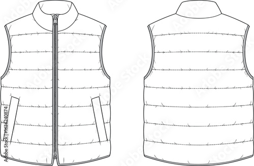 Flat vector CAD drawing of sleeveless puffer vest, front and back view, winter outerwear, technical fashion sketch, zipper pocket design