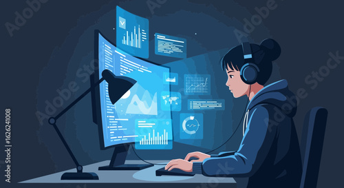 Young Woman Coding Late At Night In Her Home Office