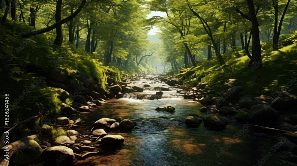 Obraz premium lush green forest, tranquil flowing stream, mossy rocks, dense foliage, dappled sunlight, serene landscape, magical atmosphere, dreamlike, cinematic, highly detailed, 8k, photorealistic 