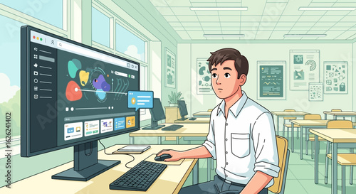 Student Working On Interactive Digital Media Project In Classroom