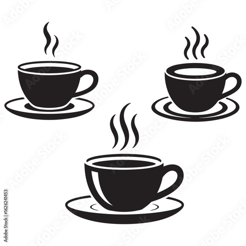 Three Cups of Hot Coffee or Tea Black and White Vector Graphic Illustration for Cafe Menu Design