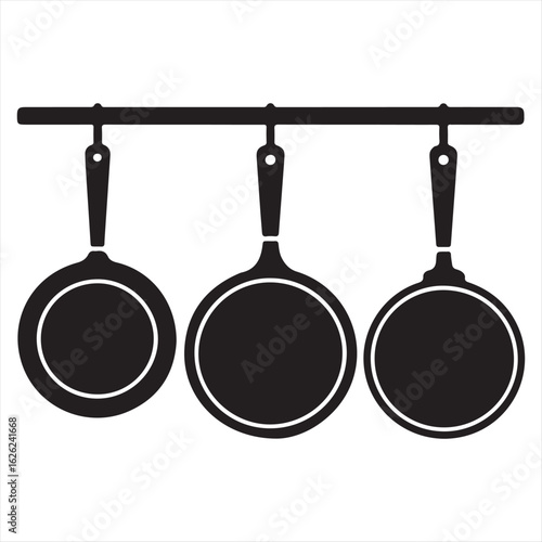 Minimalist kitchenware pans hanging black and white illustration for cooking and food preparation creative designs graphic element stock image