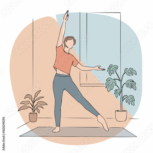 Young woman practicing yoga at home with plants in the background  