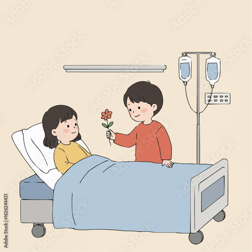 Boy giving flower to girl in hospital bed with IV drip  
