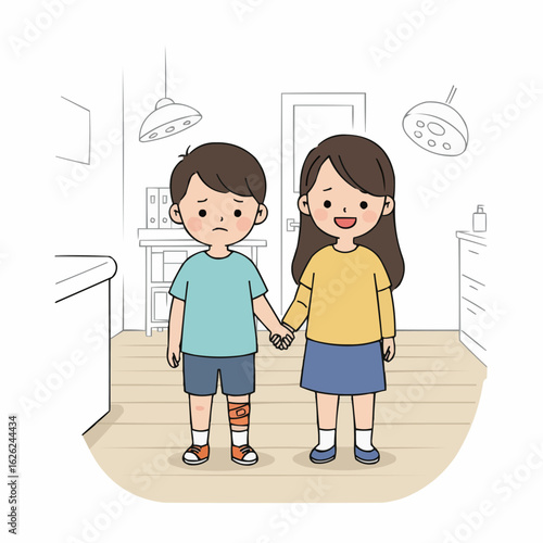 Young boy with injured leg holding hands with smiling girl indoors  
