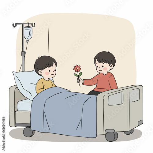 Young boy visiting friend in hospital and giving flower gift