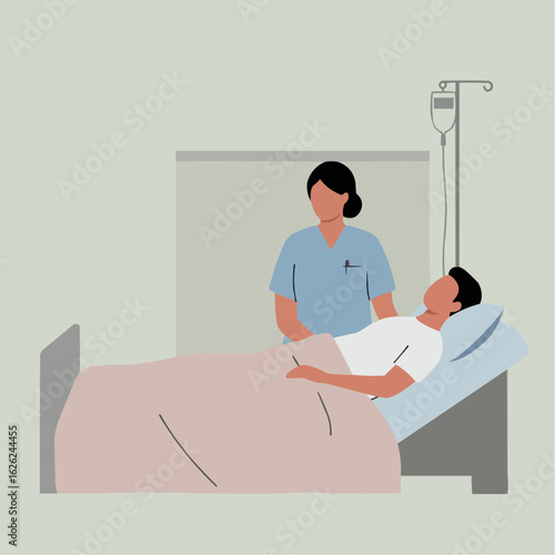 Nurse caring for patient in hospital bed with IV drip  