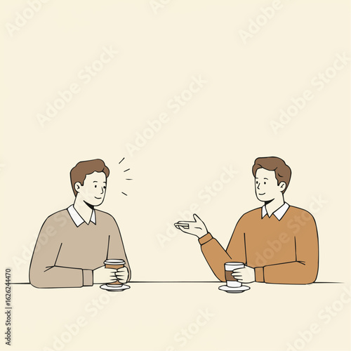 Two men talking and drinking coffee at a table in a neutral setting  