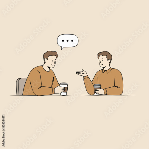 Two men talking while holding coffee cups in casual setting  