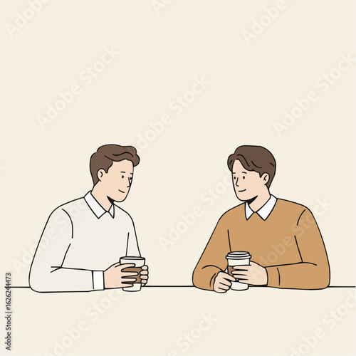 Two men talking and enjoying coffee at a table in minimal style  
