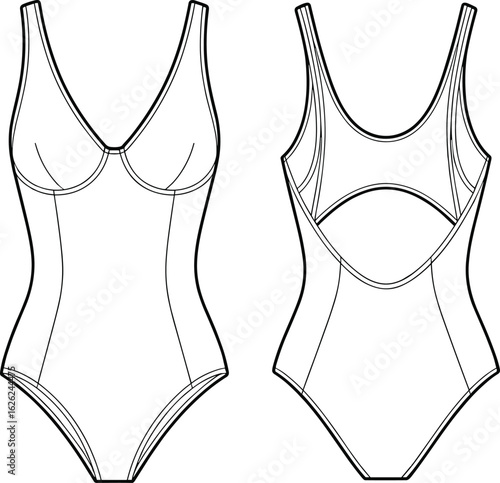 Flat vector illustration of women’s one-piece swimsuit, front and back view, technical fashion drawing, ideal for swimwear design and development