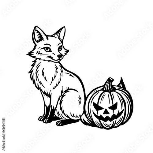 Black and white illustration of a sitting fox next to a carved Halloween pumpkin.