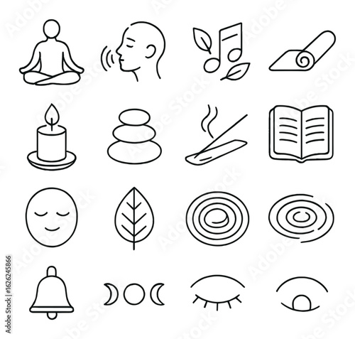 Minimalist icons for meditation and wellness featuring yoga and relaxation symbols