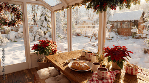 Cozy holiday breakfast in a small glass greenhouse, with a warm festive table setting overlooking a snowy winter landscape.