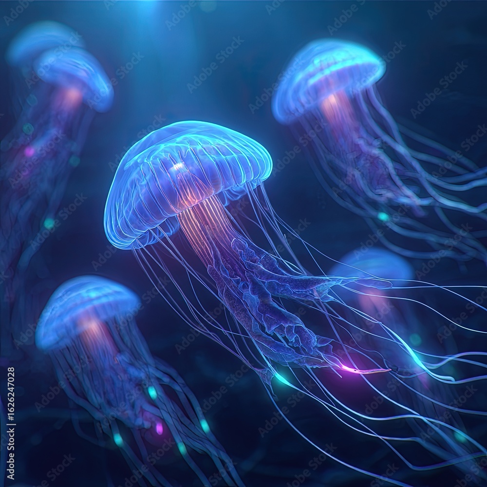 Fototapeta premium Glowing Jellyfish Underwater Scene