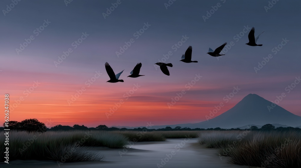 Obraz premium Silhouetted birds fly over a tranquil marsh at sunrise. Lush grass, a flowing creek, and a distant mountain