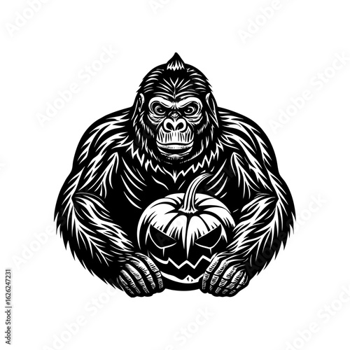 A monochrome vector illustration of a gorilla holding a carved Halloween pumpkin with a menacing expression.