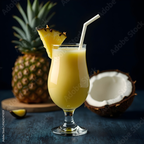 A glass of pina colada with pineapple and coconut on the table