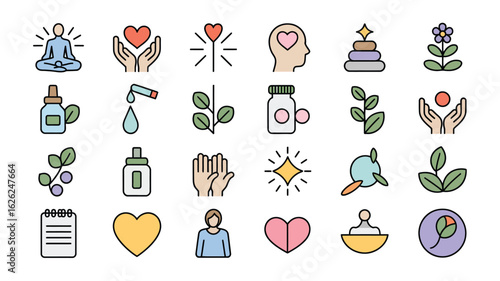 Collection of Colorful Wellness Icons Featuring Meditation Yoga Heart Hands Plants Pills Essential Oils and Mindfulness Symbols