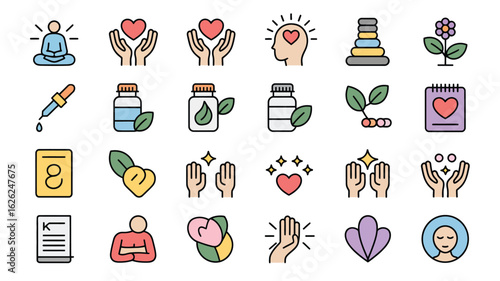 Collection of Colorful Line Icons Representing Wellness Self Care Mindfulness Meditation Holistic Health Practices and Natural Remedies