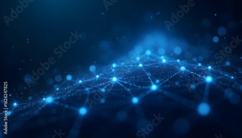 Abstract AI neural network visualization, interconnected glowing nodes and lines, dark background with electric blue highlights, tech vibe .