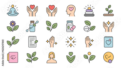Collection of Colorful Wellness Icons Featuring Yoga Meditation Hands Holding Hearts Herbal Plants Pills Supplements and Journaling