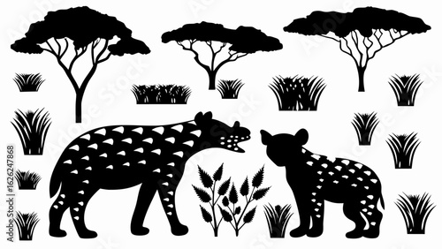 Black silhouette of two hyenas under trees and grass in an african inspired landscape illustration