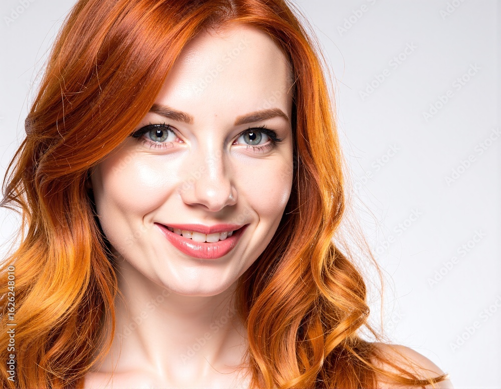 Fototapeta premium A woman with vibrant red hair cascading down her shoulders, striking green eyes that sparkle with curiosity, and a warm smile that radiates confidence.