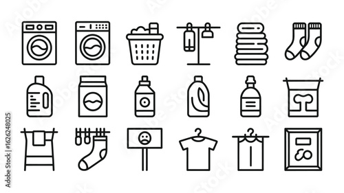 Collection of Laundry and Clothing Care Line Icons Washing Machine Dryer Laundry Basket Clothesline Socks Detergent Fabric Softener Bottles