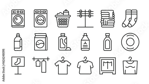 Collection of Laundry Related Line Icons Depicting Washing Machines Laundry Baskets Clothes Hangers Detergents and Soaps