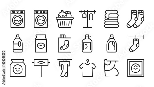 Collection of Laundry Related Line Icons Depicting Washing Machines Laundry Baskets Clothes Hangers Sockets Detergents and Drying Racks in