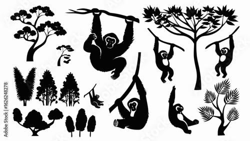 Silhouette illustration of monkeys hanging from trees with various types of trees in the background scene