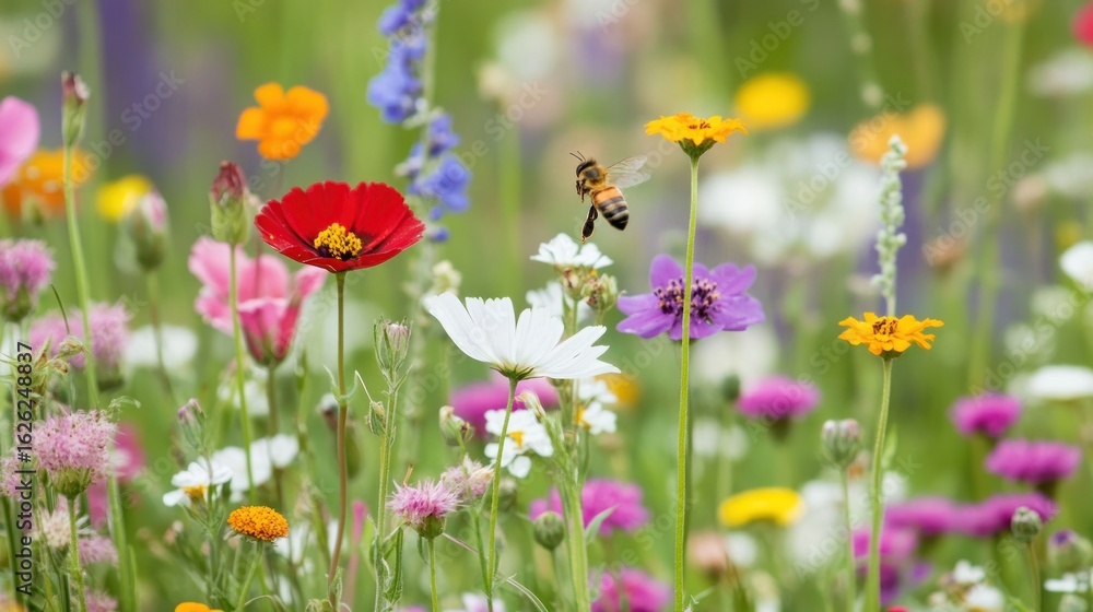 Fototapeta premium Vibrant meadow flowers, buzzing bee