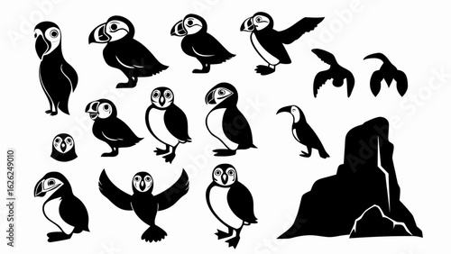 Collection of stylized puffin birds in various poses and a rock formation silhouette on white background