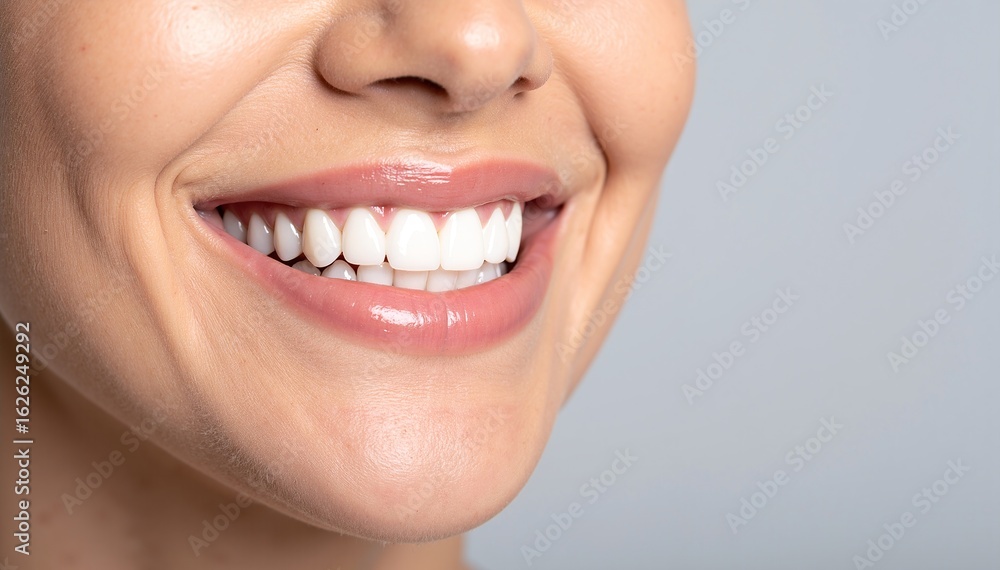 Obraz premium A woman smiles brightly, showcasing her radiant white teeth, but intriguingly, she is missing one tooth, adding a unique charm to her expression.