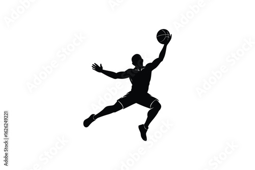 Silhouette art illustration of a young basketball player in a dunk contest slam pose.eps