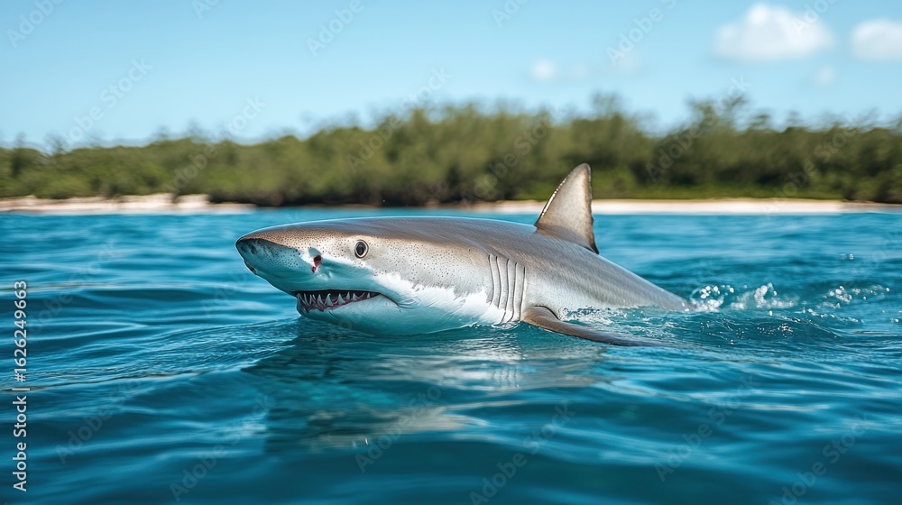 Fototapeta premium Gray shark in turquoise water, near tropical island