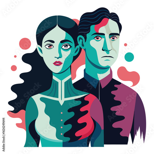 A highly stylized, surrealist image of a man and woman in a dream-like scene, a beautiful and artistic photo.